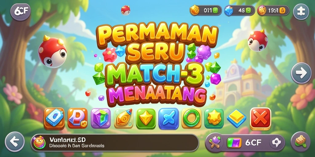 Gameplay seru 6CF dengan objek berwarna-warni.
