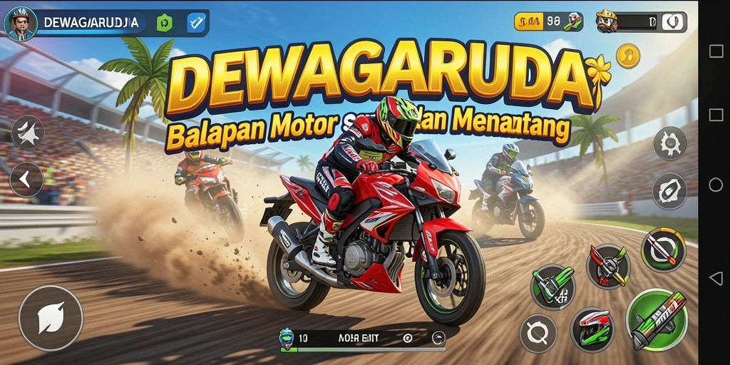 Screenshot gameplay DEWAGARUDA dengan balapan motor yang mendebarkan.