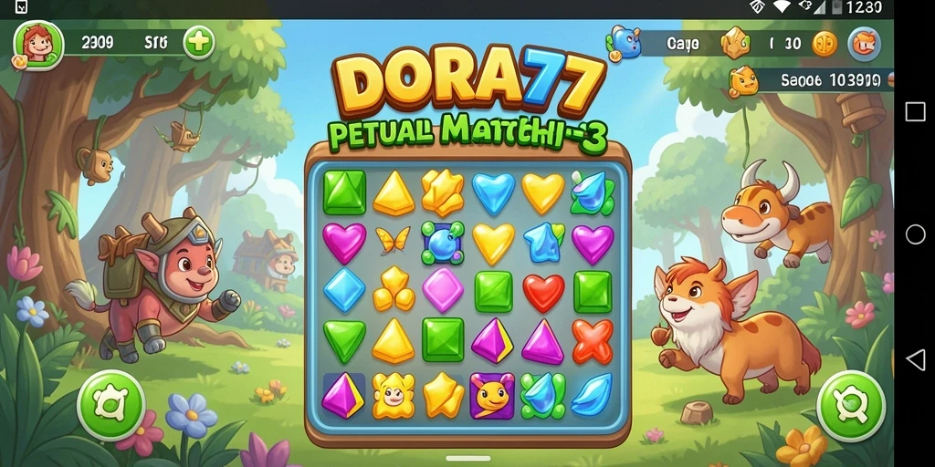 Tampilan gameplay seru dalam DORA77, menampilkan aksi Match-3 yang mendebarkan.