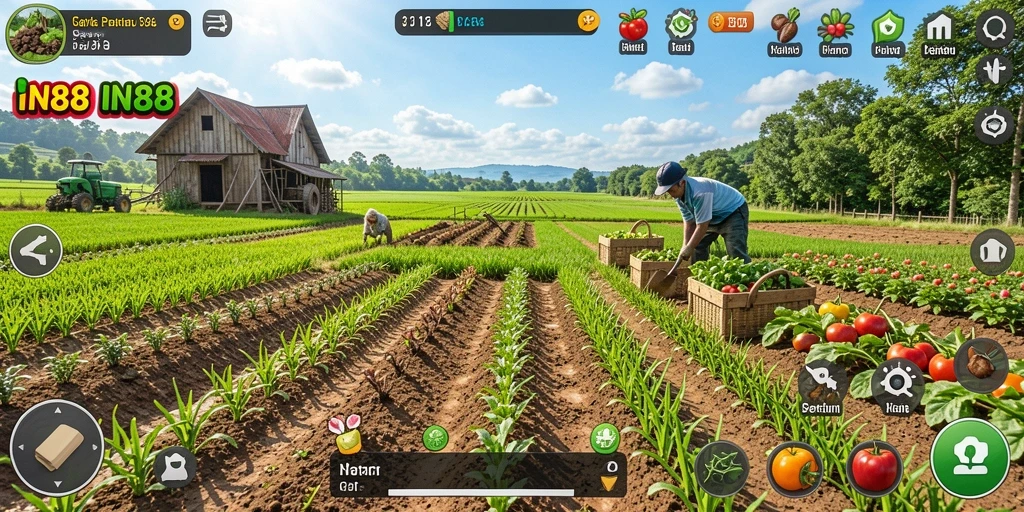Screenshot gameplay IN88 menampilkan aktivitas pertanian yang menarik.