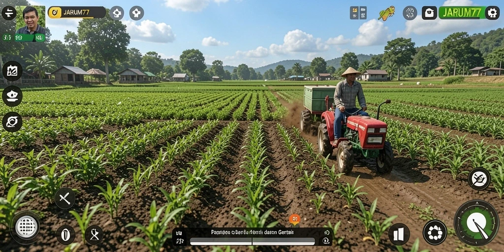 Tampilan gameplay JARUM77 yang menampilkan aktivitas bertani yang seru.