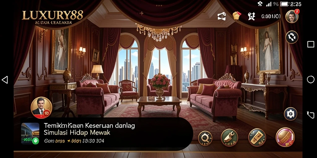 Screenshot gameplay LUXURY88 yang menggambarkan simulasi kehidupan mewah.