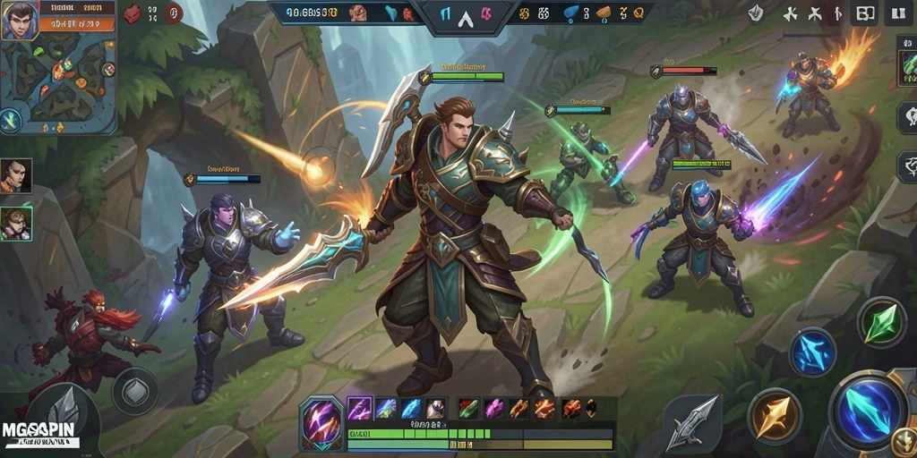 Tangkapan layar utama gameplay <strong>MIGASPIN</strong> menunjukkan aksi pertarungan tim yang seru.