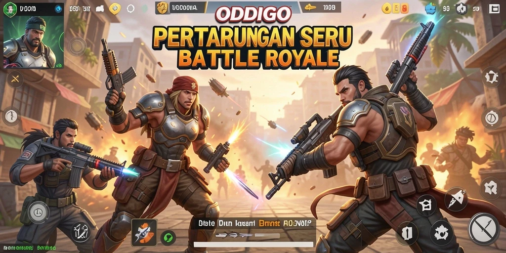 Menggambarkan aksi pertempuran seru dalam game Battle Royale ODDIGO.