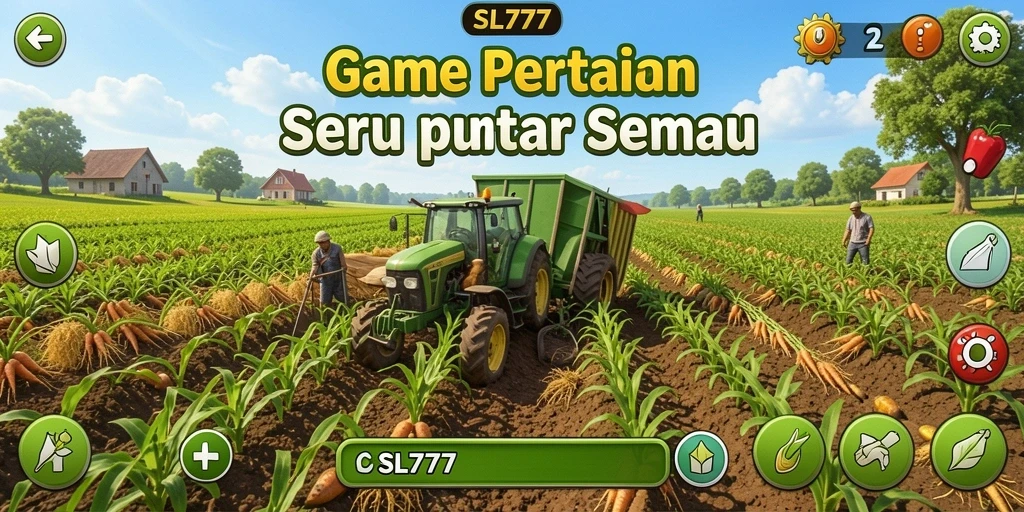 Screenshot gameplay SL777 menampilkan ladang subur dan aktivitas bertani.