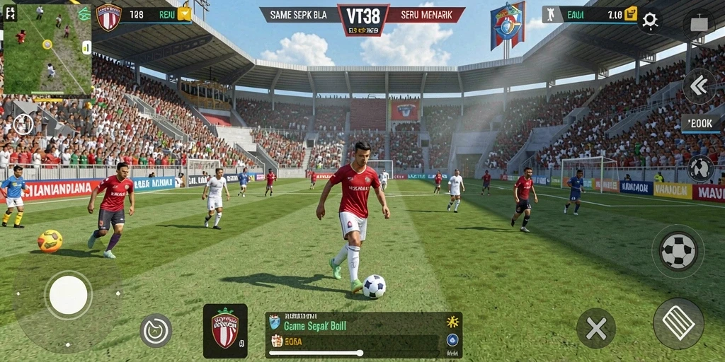 Tampilan gameplay VT38 dengan aksi seru sepak bola.