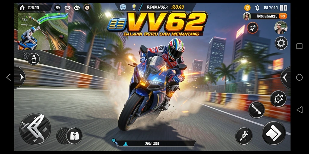 Screenshot gameplay VV62 menampilkan aksi balapan motor yang mendebarkan.